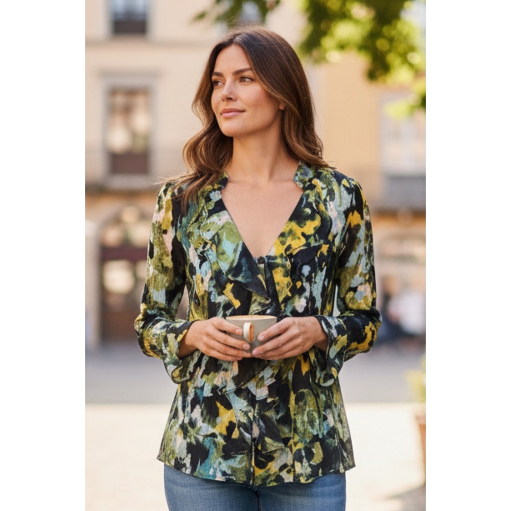 Style‎ & Co Abstract Floral Ruffle V Neck Long Sleeve Blouse Top Size 6